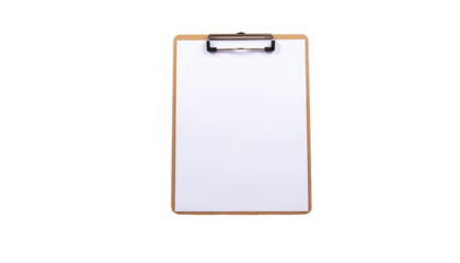 A clipboard with a metal clip holding a blank white sheet of paper on a light brown wooden board is visible no background