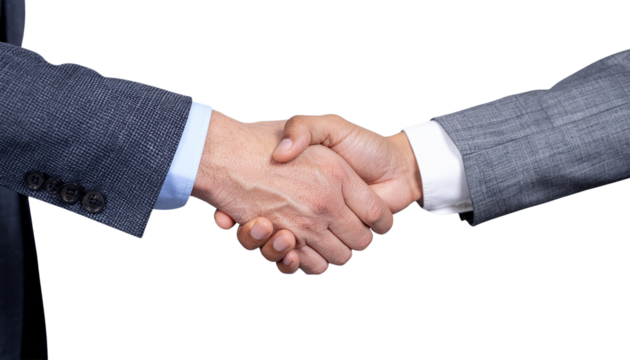 Two hands in business suits clasped in a handshake representing agreement and partnership between people on white and transparent - Powered by Adobe