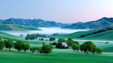 Rolling Green Hills with Morning Mist Landscape