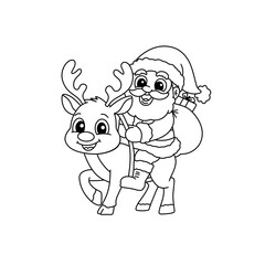 Children's coloring book with a Christmas theme, illustrations of Santa and reindeer, line art illustrations of Santa and reindeer