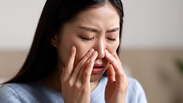 Asian Woman Shows Pain And Discomfort Expressions In A Series Of Frames