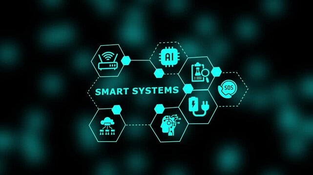 Neon tech visualization featuring Smart Systems with synchronized digital icons, cloud processing, wireless signals, AI units, and automated network components.