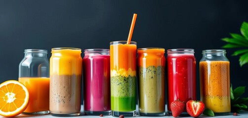 Vibrant layered smoothies in colorful glass bottles , delicious, bright