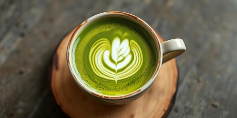 Vibrant green matcha latte art in ceramic cup,  smooth,  aesthetic