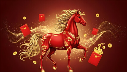 Prosperity and Fortune: Graceful Red Horse Symbolizing Lunar New Year Abundance, with Golden Details, Red Envelopes, and Coins against Rich Red Backdrop