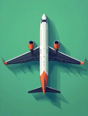 A sleek, modern airplane viewed from above, featuring a vibrant orange and white color scheme against a teal backdrop, showcasing its aerodynamic design and shadow.