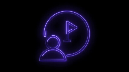 Glowing neon user and goal achievement icon animation on black background