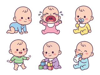Cute Baby Cartoon Illustrations Set for Various Activities.