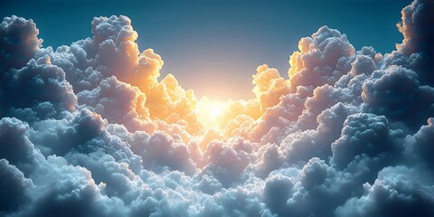 A breathtaking view of vibrant clouds catching the warm glow of sunrise. Soft hues of orange and blue create a serene and uplifting atmosphere in the sky.