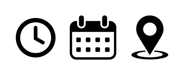 Minimalist black icons representing time, date and location