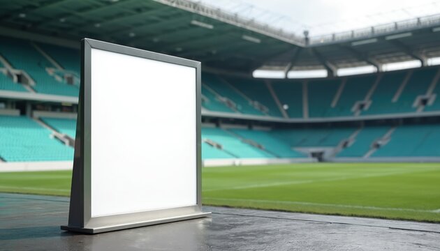 Empty white signboard at sports stadium entrance with green field and stands. Mockup for advertising, branding, event info, directions. Use for sports, business, promotions. - Powered by Adobe