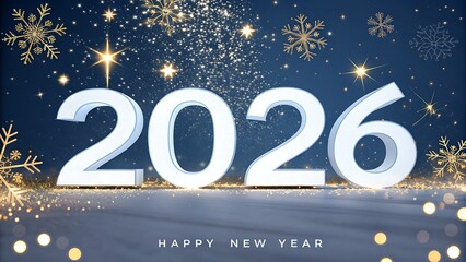 Glowing white 3d number 2026 illuminated against a dark blue festive background with falling gold glitter and snowflake decoration for happy new year celebration concept