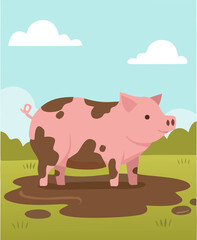 Cute Farm Pig Vector Style Children Illustration for Book Cover