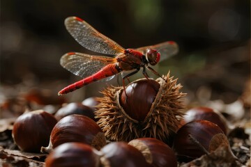 A red dragonfly perched on a chestnut burr among fallen chestnuts in a forest setting