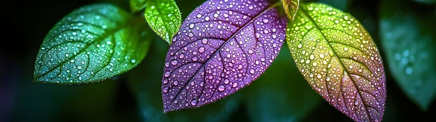 A close-up view of vibrant leaves adorned with dew drops, showcasing a stunning blend of purple, green, and blue hues under soft lighting.