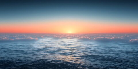 A stunning sunrise over a calm ocean, with vibrant hues of orange and blue illuminating the horizon. The serene waters reflect the colors, creating a tranquil atmosphere.