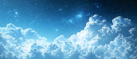An expansive view of a dreamy night sky filled with stars and fluffy clouds, creating a tranquil and serene atmosphere with shades of blue and white.