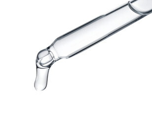 Top-Angle Perspective of Glass Pipette Releasing Droplet, Minimalist Composition, Isolated on Transparent Background