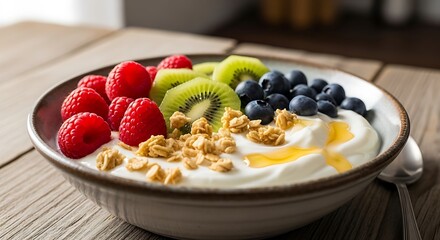 Healthy yogurt bowl with fresh berries kiwi and granola