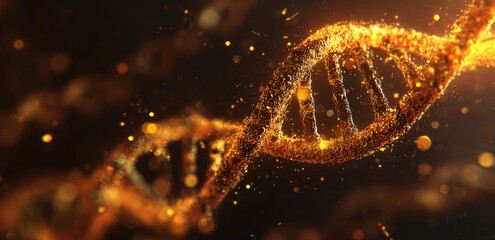Abstract golden DNA helix structure with glowing particles and bokeh effects