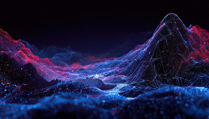 Abstract digital landscape of red and blue glowing data points forming peaks