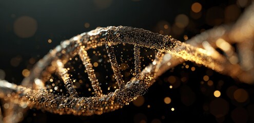 Glowing particulate DNA helix structure on black background with bokeh
