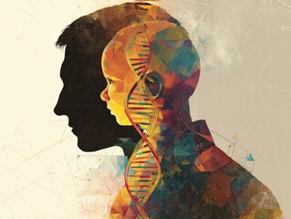Abstract profile silhouettes merging with a colorful geometric child's head and DNA