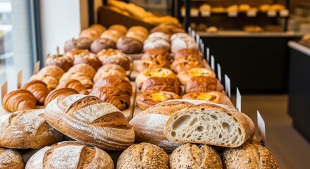 Abundant display of freshly baked artisan bread and pastries arranged for sale in a retail establishment