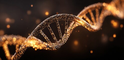 Close-up of a glowing, intricate DNA double helix structure with sparkling particles
