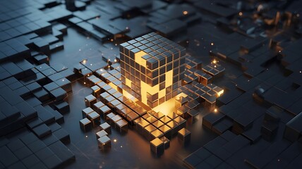 Glowing cube made of smaller blocks on a dark digital surface