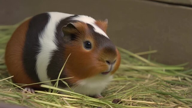 A cute tricolor guinea pig with brown, white, and black fur sitting on a bed of hay in an indoor enclosure.