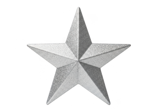 Glittery silver fivepointed star decoration object isolated on transparent background for holiday or celebration theme