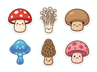 Cute Mushroom Sticker Set with Smiling Faces.