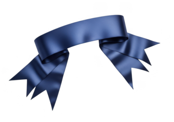 Elegant dark blue satin ribbon banner with pointed ends, isolated on transparent background for design element