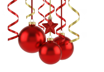 Three shiny red christmas baubles and a star ornament hanging with curly red and gold ribbon isolated on transparent background