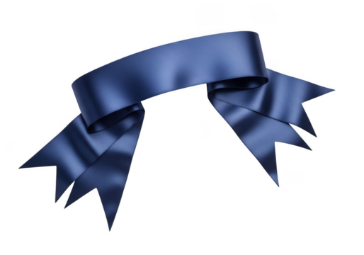 Elegant dark blue satin ribbon banner with pointed ends, isolated on transparent background for design element