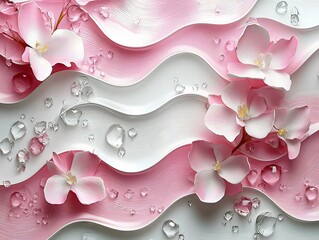 A serene composition featuring delicate white orchids on soft pink and white textured waves, accented with sparkling crystal droplets. Perfect for a calming aesthetic.