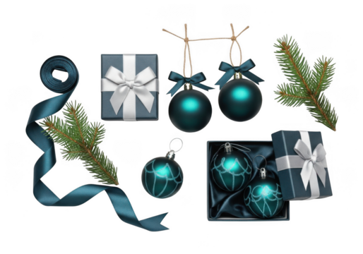 Collection of teal blue christmas ornaments, gift boxes, and fir tree branch elements isolated on transparent background