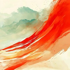 A vibrant and dynamic abstract artwork depicting bold red strokes against a soft, muted background, creating a sense of movement and energy.