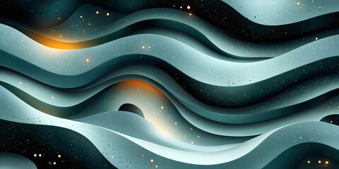 Abstract design featuring flowing waves of teal and dark tones with shimmering stars, creating a cosmic and dreamy atmosphere.