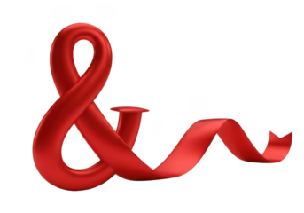 Red ampersand symbol made of flowing ribbon isolated on transparent background for connection, partnership, and conjunction concept design element