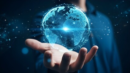 Human Hand Holding Glowing Digital Earth Globe with Blue Network Particles for Global Technology Connection Concep