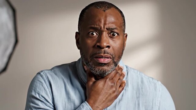 Concerned Black Man Experiencing Discomfort, Clutching His Sore Throat in Distress