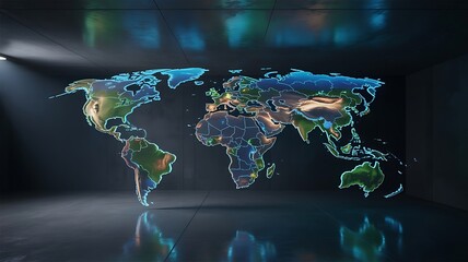 Holographic World Map Displayed in Dark Industrial Space