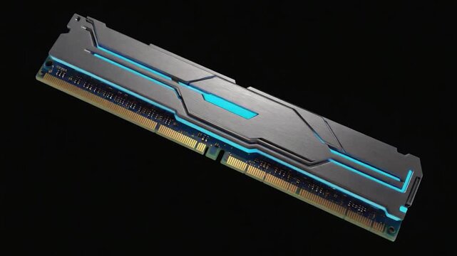 Computer Ram Module with Blue Led Lights on Black Background