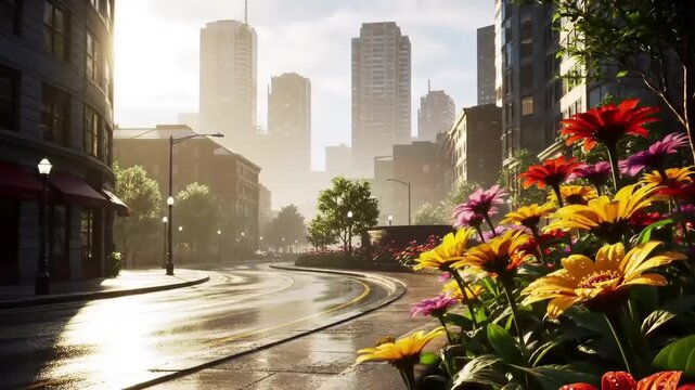 City street scene with flowers and skyscrapers on a sunny day