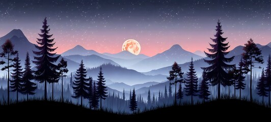 A serene nighttime mountain landscape featuring silhouettes of pine trees against a gradient sky, with a large full moon illuminating the scene and stars twinkling above.