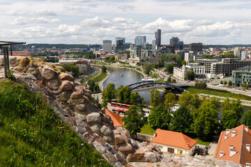 Beautiful city streets on a sunny summer day. Historic buildings among green trees in a European city. A panoramic view of the historic city from a bird's-eye perspective. June 1, 2025, Vilnius, Lithu