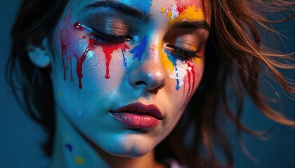 Young woman face covered in vibrant dripping paint. Colorful liquids like tears flow from closed eyes, creating dramatic visual effect. Artistic make-up, body art craft surreal beauty. Expressive