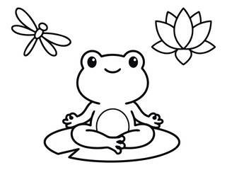 Frog in lotus position with dragonfly and flower.